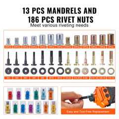 Rivet Nut Tool, 16” Rivnut Tool Kit with 13PCS Metric and SAE Mandrels, 186PCS Rivet Nuts, M3, M4, 10-24, M5, M6, 1/4-20, 8-32, 5/16-18, M8, 3/8-16, M10, M12, 1/2-13, Semi-auto Retraction