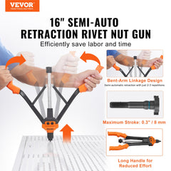 Rivet Nut Tool, 16” Rivnut Tool Kit with 13PCS Metric and SAE Mandrels, 186PCS Rivet Nuts, M3, M4, 10-24, M5, M6, 1/4-20, 8-32, 5/16-18, M8, 3/8-16, M10, M12, 1/2-13, Semi-auto Retraction