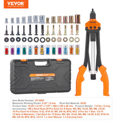 Rivet Nut Tool, 16” Rivnut Tool Kit with 13PCS Metric and SAE Mandrels, 186PCS Rivet Nuts, M3, M4, 10-24, M5, M6, 1/4-20, 8-32, 5/16-18, M8, 3/8-16, M10, M12, 1/2-13, Semi-auto Retraction