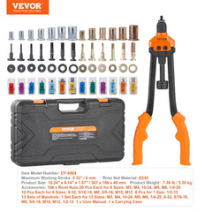 Rivet Nut Tool, 16” Rivnut Tool Kit with 13PCS Metric and SAE Mandrels, 186PCS Rivet Nuts, M3, M4, 10-24, M5, M6, 1/4-20, 8-32, 5/16-18, M8, 3/8-16, M10, M12, 1/2-13, With Carrying Case