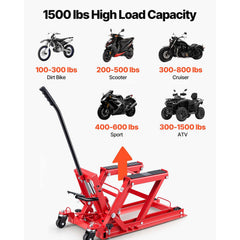 Hydraulic Motorcycle Lift Jack, 680 kg Capacity, ATV Lift Jack Portable Motorcycle Hoist Stand with 4 Wheels, 115-385 mm Height Range, Hydraulic Foot-Operated Hoist Stand for ATVs, Dirt Bikes