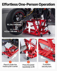 Hydraulic Motorcycle Lift Jack, 680 kg Capacity, ATV Lift Jack Portable Motorcycle Hoist Stand with 4 Wheels, 115-385 mm Height Range, Hydraulic Foot-Operated Hoist Stand for ATVs, Dirt Bikes
