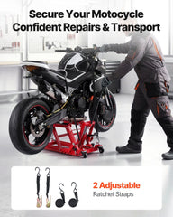 Hydraulic Motorcycle Lift Jack, 680 kg Capacity, ATV Lift Jack Portable Motorcycle Hoist Stand with 4 Wheels, 115-385 mm Height Range, Hydraulic Foot-Operated Hoist Stand for ATVs, Dirt Bikes