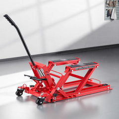 Hydraulic Motorcycle Lift Jack, 680 kg Capacity, ATV Lift Jack Portable Motorcycle Hoist Stand with 4 Wheels, 115-385 mm Height Range, Hydraulic Foot-Operated Hoist Stand for ATVs, Dirt Bikes