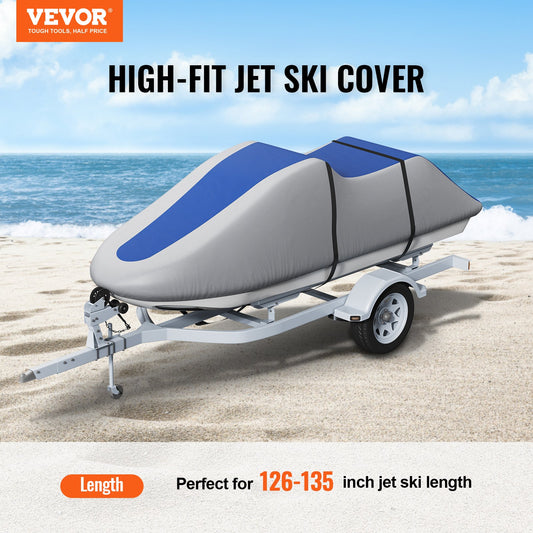 Jet Ski Cover 320-342 cm Trailerable Waterproof PWC Cover, Heavy-duty 600D Marine Grade PU Oxford Fabric, UV Resistant Seadoo Cover with Buckle Straps, Personal Watercraft Covers, Grey+Blue