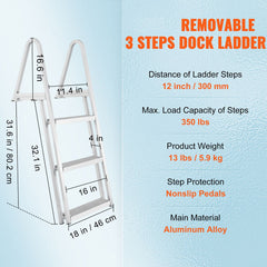 Dock Ladder, Removable 3 Steps, 159 kg Load Capacity, Aluminum Alloy Pontoon Boat Ladder with 101.6 mm Wide Step & Nonslip Rubber Mat, Easy to Install for Ship/Lake/Pool/Marine Boarding