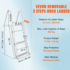 Dock Ladder, Removable 3 Steps, 159 kg Load Capacity, Aluminum Alloy Pontoon Boat Ladder with 101.6 mm Wide Step & Nonslip Rubber Mat, Easy to Install for Ship/Lake/Pool/Marine Boarding