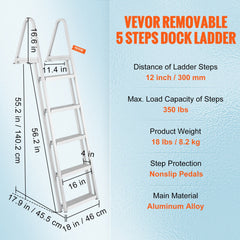 Removable Dock Ladder 5 Steps, 159 kg Load Capacity, Pontoon Boat Ladder with 4'' Wide Step & Nonslip Design for Ship/Lake/Pool/Marine Boarding