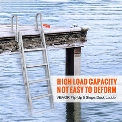 Dock Ladder Flip Up 5 Steps, 350lbs Load Capacity, Aluminum Pontoon Boat Ladder with 4" Wide Step & Nonslip Rubber Mat,Swimm Step Ladder for Ship/Lake/Pool/Marine Boarding