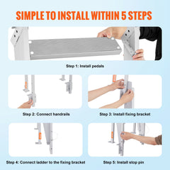 Dock Ladder Flip Up 5 Steps, 350lbs Load Capacity, Aluminum Pontoon Boat Ladder with 4" Wide Step & Nonslip Rubber Mat,Swimm Step Ladder for Ship/Lake/Pool/Marine Boarding