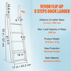 Dock Ladder Flip Up 5 Steps, 350lbs Load Capacity, Aluminum Pontoon Boat Ladder with 4" Wide Step & Nonslip Rubber Mat,Swimm Step Ladder for Ship/Lake/Pool/Marine Boarding
