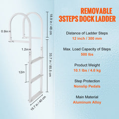 Dock Ladder, Removable 3 Steps, 227 kg Load Capacity, Aluminum Alloy Pontoon Boat Ladder with 7.9 cm Wide Step & Nonslip Rubber Mat, Easy to Install for Ship/Lake/Pool/Marine Boarding