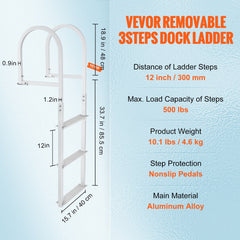 Dock Ladder, Removable 3 Steps, 227 kg Load Capacity, Aluminum Alloy Pontoon Boat Ladder with 7.9 cm Wide Step & Nonslip Rubber Mat, Easy to Install for Ship/Lake/Pool/Marine Boarding