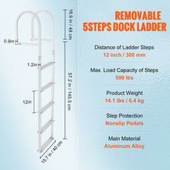 Dock Ladder, Removable 5 Steps, 227 kgs Load Capacity, Aluminum Alloy Pontoon Boat Ladder with 3.1'' Wide Step & Nonslip Rubber Mat, Easy to Install for Ship/Lake/Pool/Marine Boarding