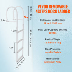Dock Ladder, Removable 4 Steps, 500 lbs Load Capacity, Aluminum Alloy Pontoon Boat Ladder with 3.1'' Wide Step & Nonslip Rubber Mat, Easy to Install for Ship/Lake/Pool/Marine Boarding