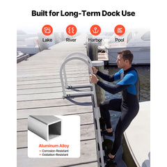 Removable Dock Ladder, 4 Steps, Aluminum Alloy Pontoon Boat Swim Ladder, with Non-Slip Wide Steps, 227 kg Weight Capacity, Quick Release Design, for Lake Swimming, Pool, Boat, Marine Boarding