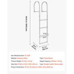 Removable Dock Ladder, 4 Steps, Aluminum Alloy Pontoon Boat Swim Ladder, with Non-Slip Wide Steps, 227 kg Weight Capacity, Quick Release Design, for Lake Swimming, Pool, Boat, Marine Boarding