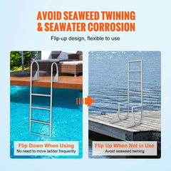 Dock Ladder, Flip-Up 4 Steps, 159 kg Load Capacity, Aluminum Alloy Pontoon Boat Ladder with 50.8 mm Wide Step & Nonslip Rubber Mat, Easy to Install for Ship/Lake/Pool/Marine Boarding