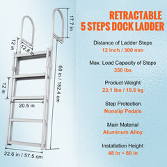 Dock Ladder, Retractable 5 Steps, 350 lbs Load Capacity, Aluminum Alloy Pontoon Boat Ladder with 66.9''-78.9'' Adjustable Height, 4'' Wide Step & Mat, for Ship/Lake/Pool/Marine Boarding
