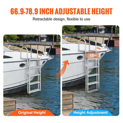 Dock Ladder, Retractable 5 Steps, 350 lbs Load Capacity, Aluminum Alloy Pontoon Boat Ladder with 66.9''-78.9'' Adjustable Height, 4'' Wide Step & Mat, for Ship/Lake/Pool/Marine Boarding