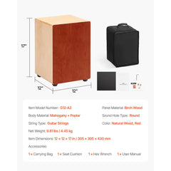 Cajon Box Drum, with Internal Guitar Strings, Lightweight Wooden Percussion Box, Portable Birch Wood Drum Musical Instrument with Travel Bag, for Beginners and Professionals, 305 x 305 x 430 mm
