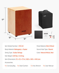 Cajon Box Drum, with Internal Guitar Strings, Lightweight Wooden Percussion Box, Portable Birch Wood Drum Musical Instrument with Travel Bag, for Beginners and Professionals, 305 x 305 x 430 mm