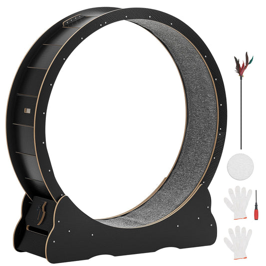 Cat Exercise Wheel, 120 cm Wooden Cat Running Wheel for Indoor Cats up to 12.7 kg, Cats Treadmill with Carpeted Runway & Locking Mechanism, Quiet Kitten Sport Toys for Pets Fitness, Black
