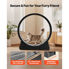 Cat Exercise Wheel, 120 cm Wooden Cat Running Wheel for Indoor Cats up to 12.7 kg, Cats Treadmill with Carpeted Runway & Locking Mechanism, Quiet Kitten Sport Toys for Pets Fitness, Black