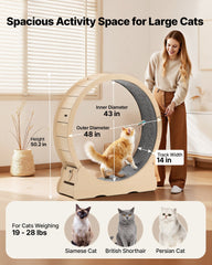 Cat Exercise Wheel, 120cm Wooden Cat Running Wheel for Indoor Cats up to 12.7kg Cats Treadmill with Carpeted Runway & Locking Mechanism, Quiet Roller Kitten Sport Toys for Pets Fitness & Health
