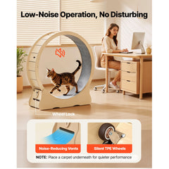 Cat Exercise Wheel, 120cm Wooden Cat Running Wheel for Indoor Cats up to 12.7kg Cats Treadmill with Carpeted Runway & Locking Mechanism, Quiet Roller Kitten Sport Toys for Pets Fitness & Health