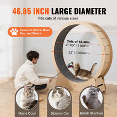Wooden Cat Exercise Wheel, 1320mm Large Cat Treadmill Wheel for Indoor Cats, Cat Running Wheel with Detachable Carpet & Cat Teaser for Running/Walking/Training, Suitable for Most Cats