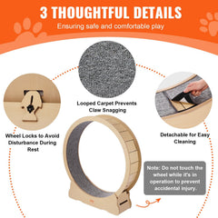 Wooden Cat Exercise Wheel, 1320mm Large Cat Treadmill Wheel for Indoor Cats, Cat Running Wheel with Detachable Carpet & Cat Teaser for Running/Walking/Training, Suitable for Most Cats