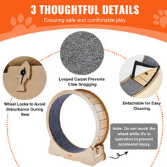 Wooden Cat Exercise Wheel, 43.3" Large Cat Treadmill Wheel for Indoor Cats, Cat Running Wheel with Detachable Carpet & Cat Teaser for Running/Walking/Training, Suitable for Most Cats Yellow