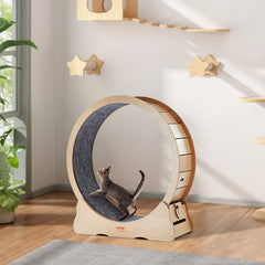 Wooden Cat Exercise Wheel, 43.3" Large Cat Treadmill Wheel for Indoor Cats, Cat Running Wheel with Detachable Carpet & Cat Teaser for Running/Walking/Training, Suitable for Most Cats Yellow