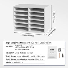 Wood Literature Organizer Adjustable File Sorter 12 Compartments White