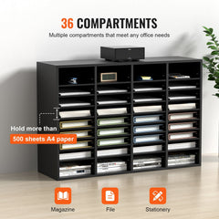 Wood Literature Organizer, 36 Compartments, File Sorter with Removable Shelves, Mailboxes Slot for Office Home Classroom Mailrooms Organization, EPA Certified, Black