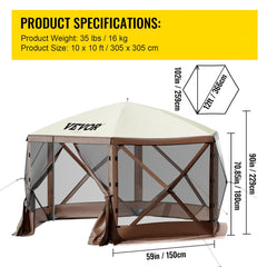 Pop-up Camping Gazebo Camping Canopy Shelter 6 Sided 10' x 10' Sun Shade