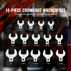 Crowfoot Wrench Set, 1/2" Drive 14-Piece SAE (1-1/16" - 2") Crows Foot Wrench Set with Storage Tray, 40CR Material with Laser Etched Sizing, for Mechanical Maintenance or Repairs