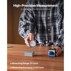 Dial Test Indicator with Dual Rod Stand and Storage Case, 0.03 mm Accuracy, 0-25.4mm Range, Fine Adjustable Long Arm, Non-Magnetic Centering Rods for Machine Set-Up, Narrow Area Measurement