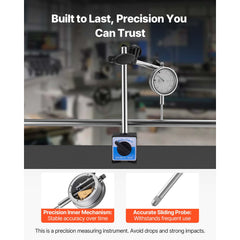 Dial Test Indicator with Dual Rod Stand and Storage Case, 0.03 mm Accuracy, 0-25.4mm Range, Fine Adjustable Long Arm, Non-Magnetic Centering Rods for Machine Set-Up, Narrow Area Measurement