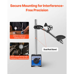 Dial Test Indicator with Dual Rod Stand and Storage Case, 0.03 mm Accuracy, 0-25.4mm Range, Fine Adjustable Long Arm, Non-Magnetic Centering Rods for Machine Set-Up, Narrow Area Measurement