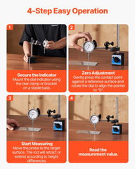Dial Test Indicator with Dual Rod Stand and Storage Case, 0.03 mm Accuracy, 0-25.4mm Range, Fine Adjustable Long Arm, Non-Magnetic Centering Rods for Machine Set-Up, Narrow Area Measurement