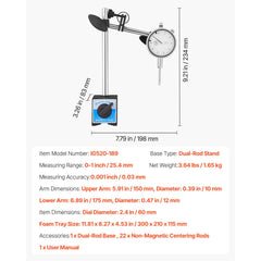 Dial Test Indicator with Dual Rod Stand and Storage Case, 0.03 mm Accuracy, 0-25.4mm Range, Fine Adjustable Long Arm, Non-Magnetic Centering Rods for Machine Set-Up, Narrow Area Measurement