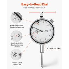 Dial Test Indicator with Metal Base, 0.03 mm Accuracy, 0-25.4mm Range, Easy to Read Large Dial, Professional for Narrow Area Measurement, Industrial Machining & Inspection, Precision Testing