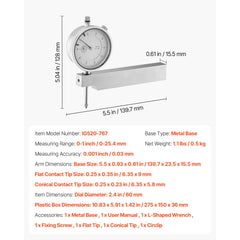Dial Test Indicator with Metal Base, 0.03 mm Accuracy, 0-25.4mm Range, Easy to Read Large Dial, Professional for Narrow Area Measurement, Industrial Machining & Inspection, Precision Testing