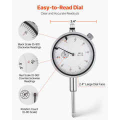 Dial Test Indicator with Magnetic Flexible Base Stand, 0.03 mm Accuracy, 0-25.4mm Range, Fine Adjustable Long Arm, Professional for Machine Set-Up, Narrow Area Measurement, Easy to Read