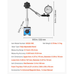 Dial Test Indicator with Magnetic Flexible Base Stand, 0.03 mm Accuracy, 0-25.4mm Range, Fine Adjustable Long Arm, Professional for Machine Set-Up, Narrow Area Measurement, Easy to Read