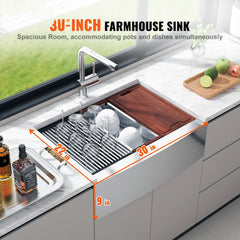 Farmhouse Kitchen Sink, 304 Stainless Steel Drop-In Sinks, Top Mount Single Bowl Basin with Ledge & Accessories, Household Dishwasher Sinks for Workstation, Prep Kitchen, and Bar Sink, 30 inch