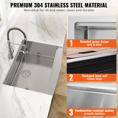 Farmhouse Kitchen Sink, 304 Stainless Steel Drop-In Sinks, Top Mount Single Bowl Basin with Ledge & Accessories, Household Dishwasher Sinks for Workstation, Prep Kitchen, and Bar Sink, 36 inch