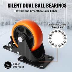Caster Wheels, 101.6 mm Swivel Plate Casters, Set of 4, with Security A/B Locking No Noise PVC Wheels, Heavy Duty 159 kg Load Capacity Per Caster, Non-Marking Wheels for Cart Furniture Workbench